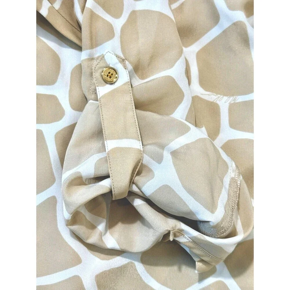 Michael Kors Giraffe Print Blouse Women M Roll Tab Sleeve Keyhole Beige